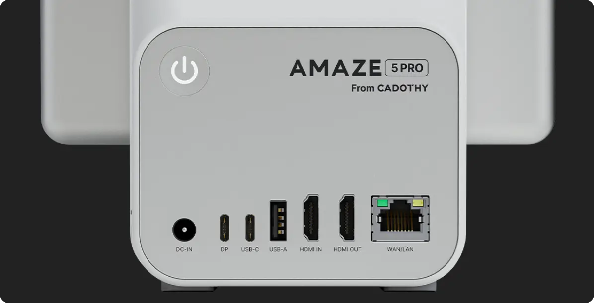 Das Anschlusspanel auf der Rückseite des Cadothy Amaze 5 Pro zeigt die Ports für Gigabit-LAN, HDMI In/Out und USB für maximale Flexibilität im Setup.
