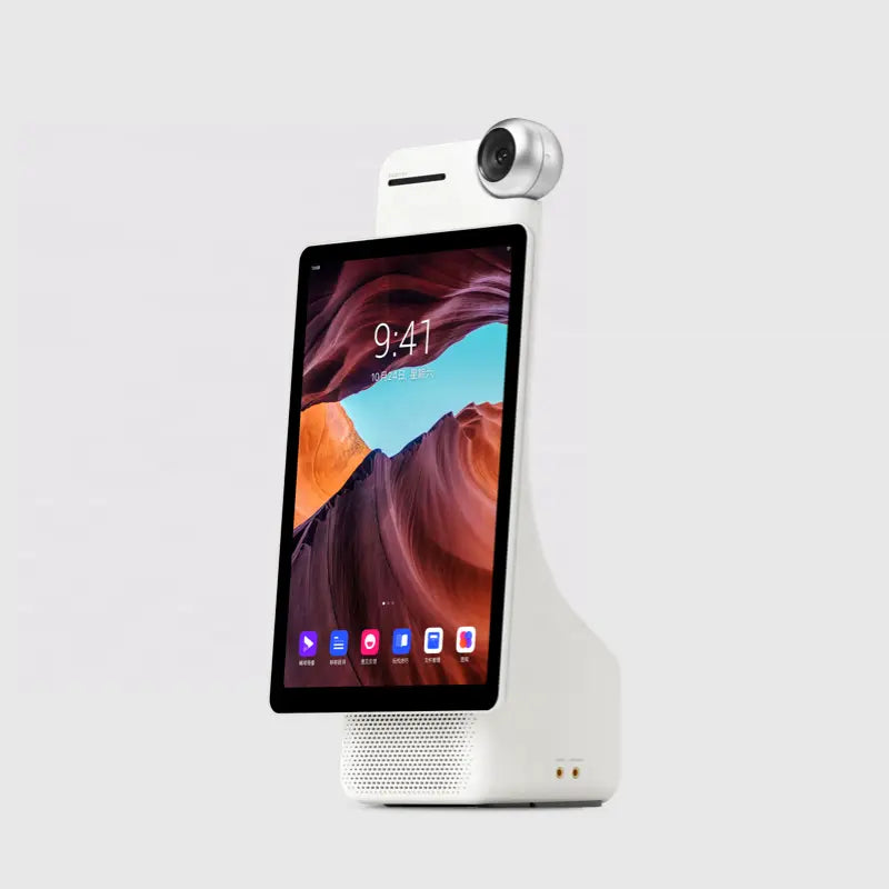 Schräge Seitenansicht des weißen Cadothy Amaze 5 Pro Livestream-Studios mit integriertem Touchscreen im 9:16 Hochformat.